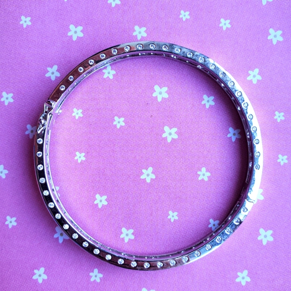 Round Cubic Zirconian Diamond Hinge Bangle Silver Plated Stainless Steel CZ